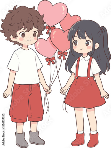 Cute children couple holding heart balloons illustration for Valentine love friendship innocence celebration cartoon vector artwork design