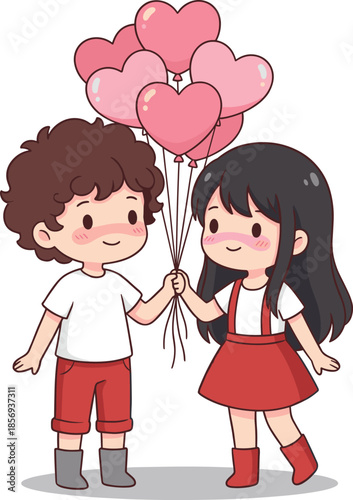 Cute kids couple holding heart balloons illustration symbolizing love friendship innocence for Valentine celebration greeting card cartoon vector design