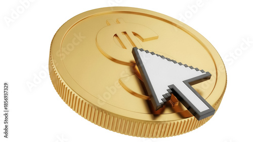 Gold dollar coin with cursor isolated PNG, online payment concept for e-commerce and digital transactions, on transparent background