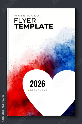 Watercolor booklet flyer colourful cover template on white background with heart