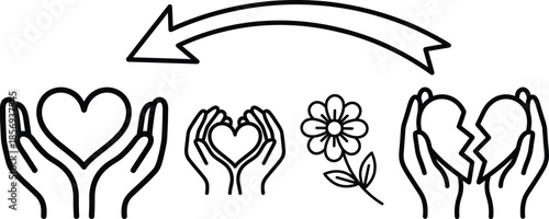 Hand drawn love care icon set with hands holding heart flower broken heart arrow for relationship concept vector illustration design