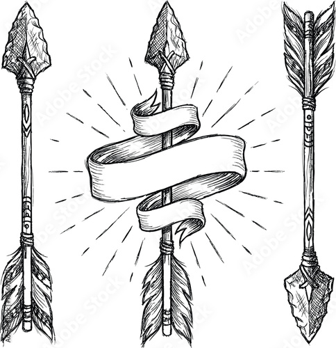 Hand drawn vintage arrow illustration set with ribbon banner feathers tribal weapon symbols for boho tattoo logo poster vector design