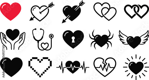 Heart icons set showing love arrows wings lock medical pulse broken pixel styles black white red vector symbols collection design