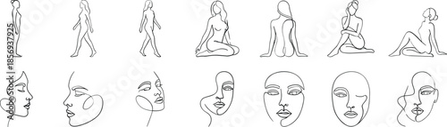 Minimal line art women figures and abstract faces set showcasing elegant female body poses modern continuous outline illustration collection vector