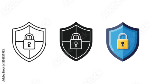 Set of three shield icons with padlock inside, representing security, protection, and data safety in outline, solid black and color styles