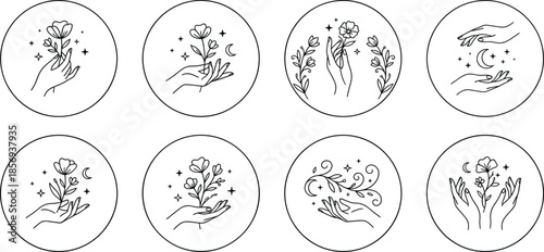 Minimal line art hands holding flowers moons stars circular icons set for boho tattoo logo spiritual branding designs vector illustration