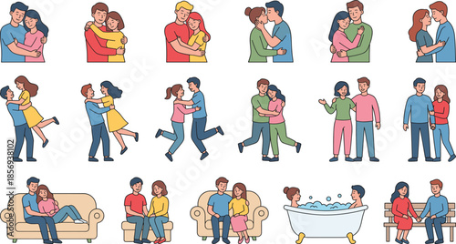 Romantic couple hugging poses set showing love affection daily life moments for relationships dating valentine flat vector illustration modern characters