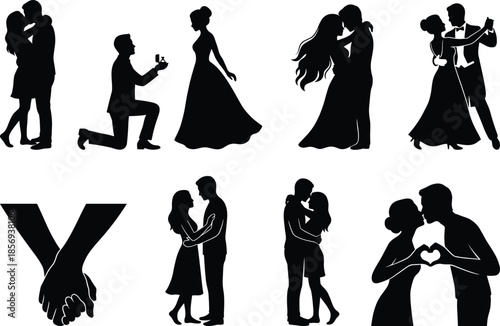 Romantic couple silhouette set showing love proposal dancing hugging kissing wedding moments flat black vector illustration collection for branding design