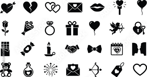 Valentine love icons set with hearts gifts flowers cupid envelopes rings balloons romance symbols black silhouette vector collection design elements