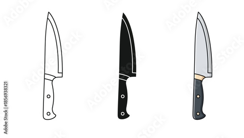 Set of three chef knives outline, silhouette and colored illustration