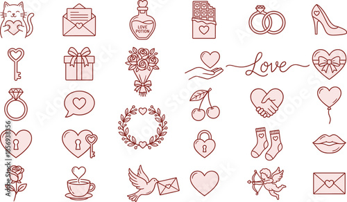 Valentine outline icons set with love gifts rings flowers cupid envelope romantic symbols elegant line vector illustration collection design elements