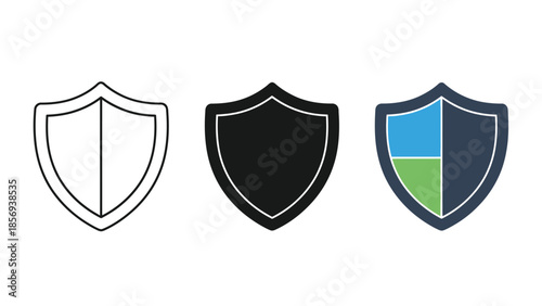 Set of three shield icons outline, solid black and colored vector graphic, representing security and protection concepts