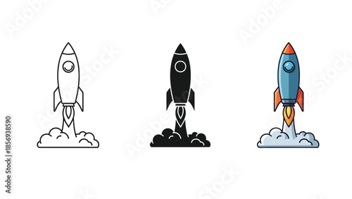 Set of three rocket launch icons outline, solid black and colored illustration, symbolizing space travel, startup, and progress