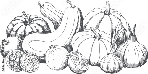 Hand drawn monochrome botanical vegetable with squash garlic and citrus