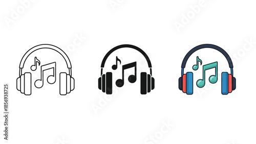 Headphones with music notes icon set outline, solid and color styles for audio and sound concepts