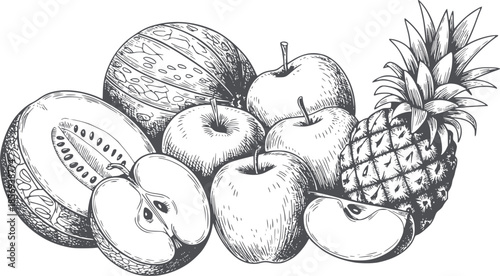 Hand drawn monochrome featuring apples pineapple and custard apple