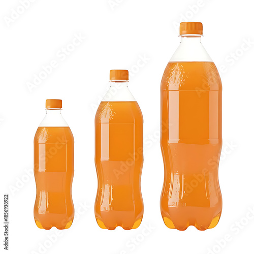 Arranged three orange flavor soft drink bottles with plastic orange caps in different sizes, 500 ML, 1 Liter, 2 Liter, set against white background