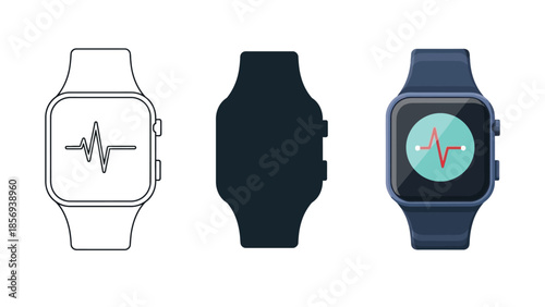 Set of three smart watch icons with heartbeat line, silhouette and full color display showing pulse monitoring