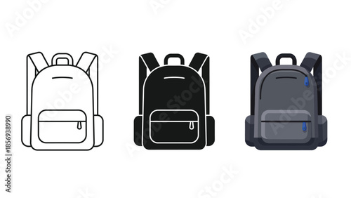 Set of three backpack icons or illustrations outline, solid black and colored flat design, representing school or travel bags
