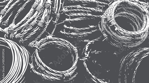 Intricate barbed wire coils in monochrome line