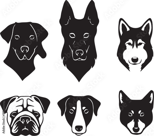 Five Dog Face Silhouette Vector Set