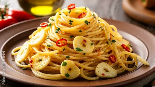 Delicious garlic chili spaghetti served on a plate