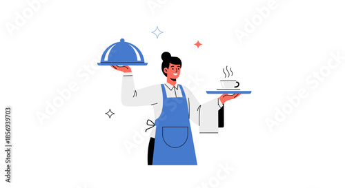 Professional waitress wearing a blue apron smiles while carrying a serving tray with a meal cloche and a hot cup of coffee.