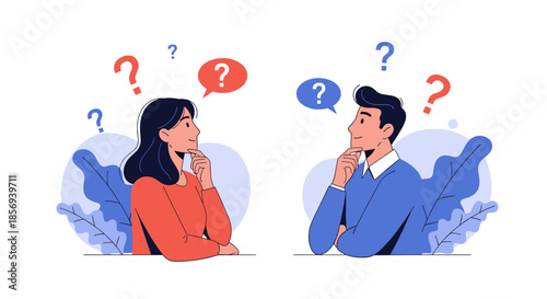 Man and woman look at each other with thoughtful expressions while colorful question marks float above their heads in confusion.