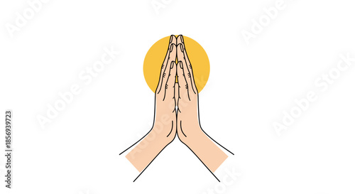 Hands are pressed together in a peaceful prayer or namaste gesture in front of a bright yellow sun on white background.