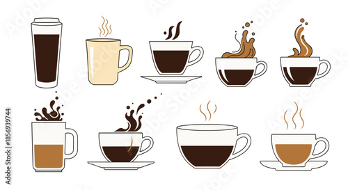 Collection of ten different coffee and tea cup icons features various pours, splashes, and steam effects for cafe themed designs.