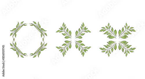 Three symmetrical green leaf arrangements or wreaths provide elegant decorative elements for organic and nature themed designs.