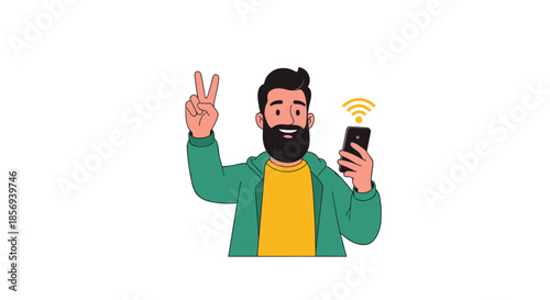 Cheerful bearded man in a green hoodie holds a smartphone and makes a peace sign while standing against a white background.