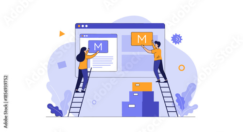 Two web developers use ladders to build a large website interface, representing the collaborative process of digital design and development.