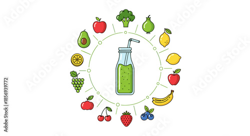 Green vegetable smoothie bottle is featured in the center of a circular arrangement of various colorful fruits and vegetables.