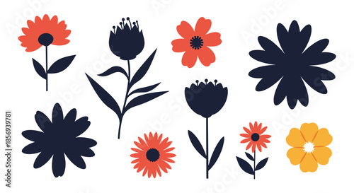 Set of stylized flowers and silhouettes in red, yellow, and black provides a versatile collection of floral icons for design projects.