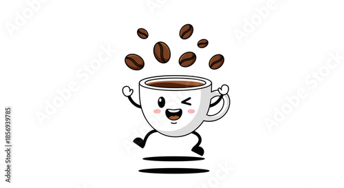 Cheerful cartoon coffee cup character with arms and legs runs happily while roasted coffee beans fly in the air against a plain white background.