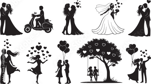 Romantic Silhouette Scenes With Couples, Weddings, Balloons, and Hearts for Stock Use
