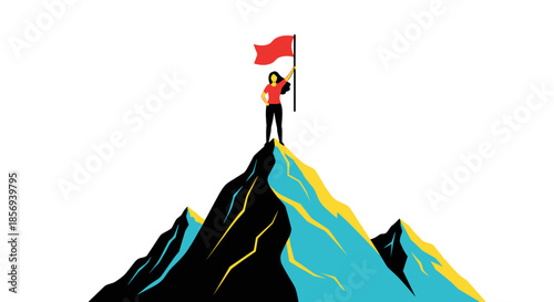 Successful woman standing on mountain peak holding red flag represents achievement, leadership, and reaching business goals in competition.