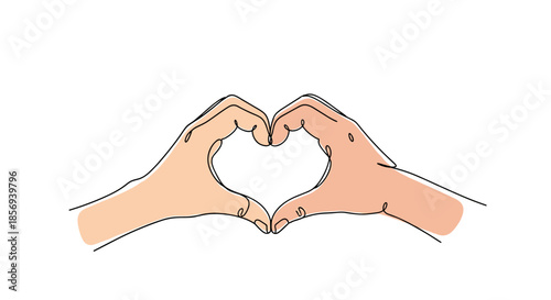 Continuous line drawing shows two hands coming together to form a heart shape with a warm skin tone color filling the hands.