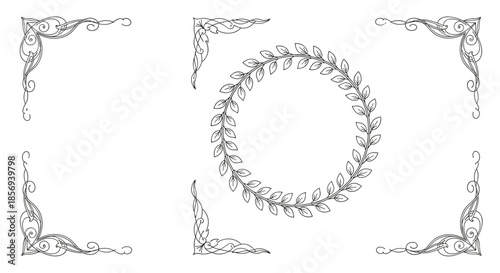 Set of elegant vintage corner ornaments and circular laurel wreath in line art style for wedding invitations, certificates, and decorative frames.
