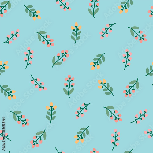 Seamless pattern with flower branches on a blue background