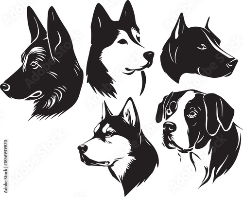 Five Dog Face Silhouette Vector Set