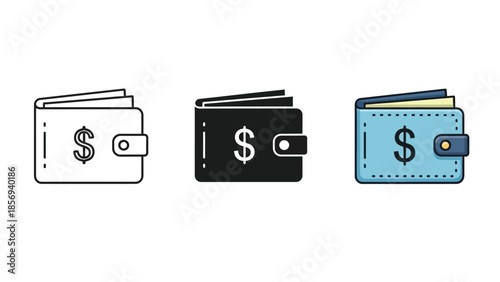 Set of three wallet icons with dollar sign, outline, solid and color styles for finance and money concept