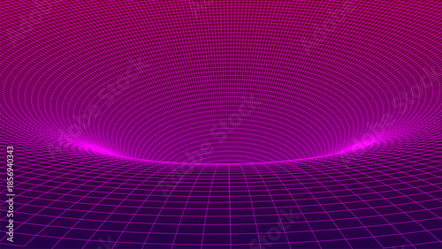 This vector illustration depicts a deep digital vortex created from a curved neon grid that recedes into perspective, creating the effect of virtual space.