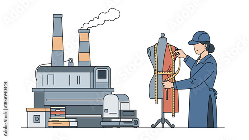 Fashion Industry Designer at Work with Factory Backdrop.