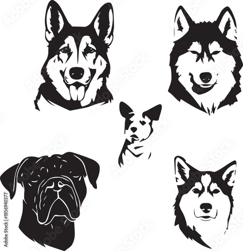 Five Dog Face Silhouette Vector Set