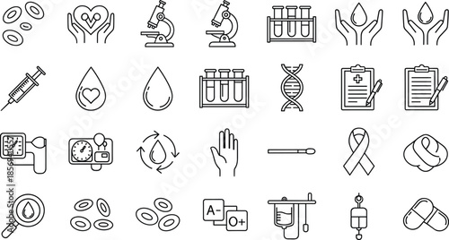 Medical healthcare line icons vector set, blood donation laboratory diagnosis symbols, hospital treatment elements, medicine outline illustration