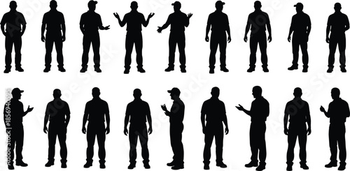 Men silhouette vector set, standing male figures icons, people gestures poses collection, black human shapes, flat isolated illustration