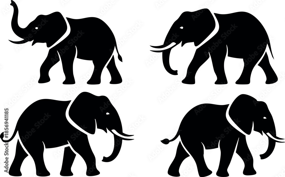 Obraz premium Elephant silhouettes in various poses black vector illustrations on white background 