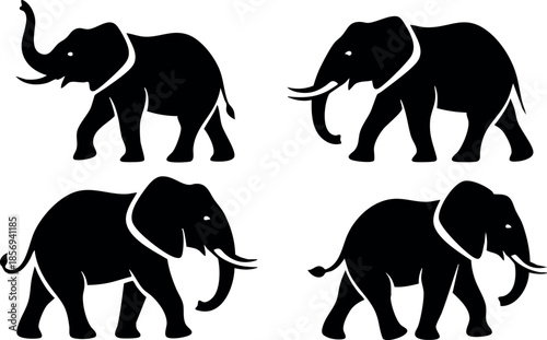 Elephant silhouettes in various poses black vector illustrations on white background 